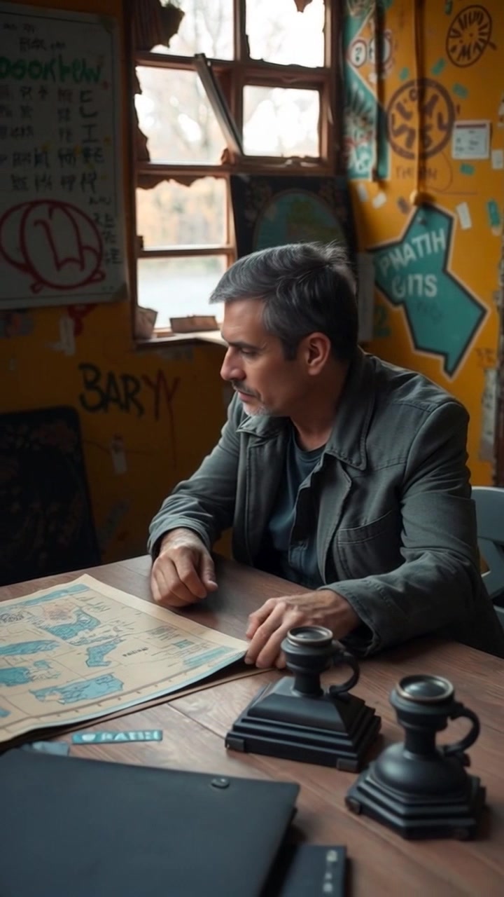 Subject: A person deeply engaged in studying maps and artifacts. Subject movement: The person occasionally shifts their gaze and gestures towards different artifacts on the table, indicating contemplation. Scene: A cozy, wooden study with a rustic table piled high with maps and vintage artifacts. Style: Warm, inviting lighting casting soft shadows across the table, enhancing the atmosphere of focus and exploration. Motion: Camera begins with a close-up on the maps, then slowly pulls back to reveal the person at the table, panning gently over the artifacts as they lean in to examine them.
