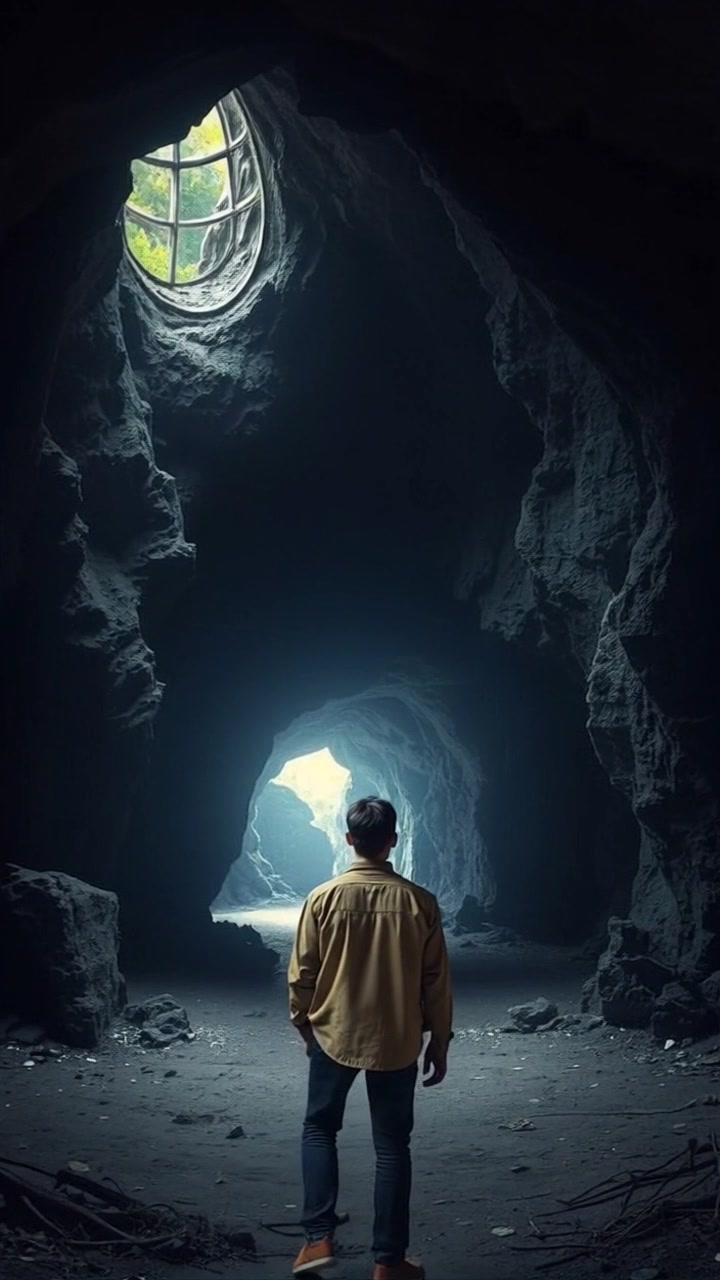 Subject: Omar standing at the entrance of a mysterious cave. Subject movement: Omar takes a deep breath, gathering courage as he gazes into the darkness ahead. Scene: A shadowy cave entrance surrounded by rugged cliffs and dense foliage, the cave's interior shrouded in intrigue. Style: The lighting is soft and murky, with flickering shadows adding a sense of mystique. Motion: The camera starts with a slow push-in towards Omar’s contemplative expression, before panning down to reveal the textured cave floor, inviting the audience to embark on this adventure with him.