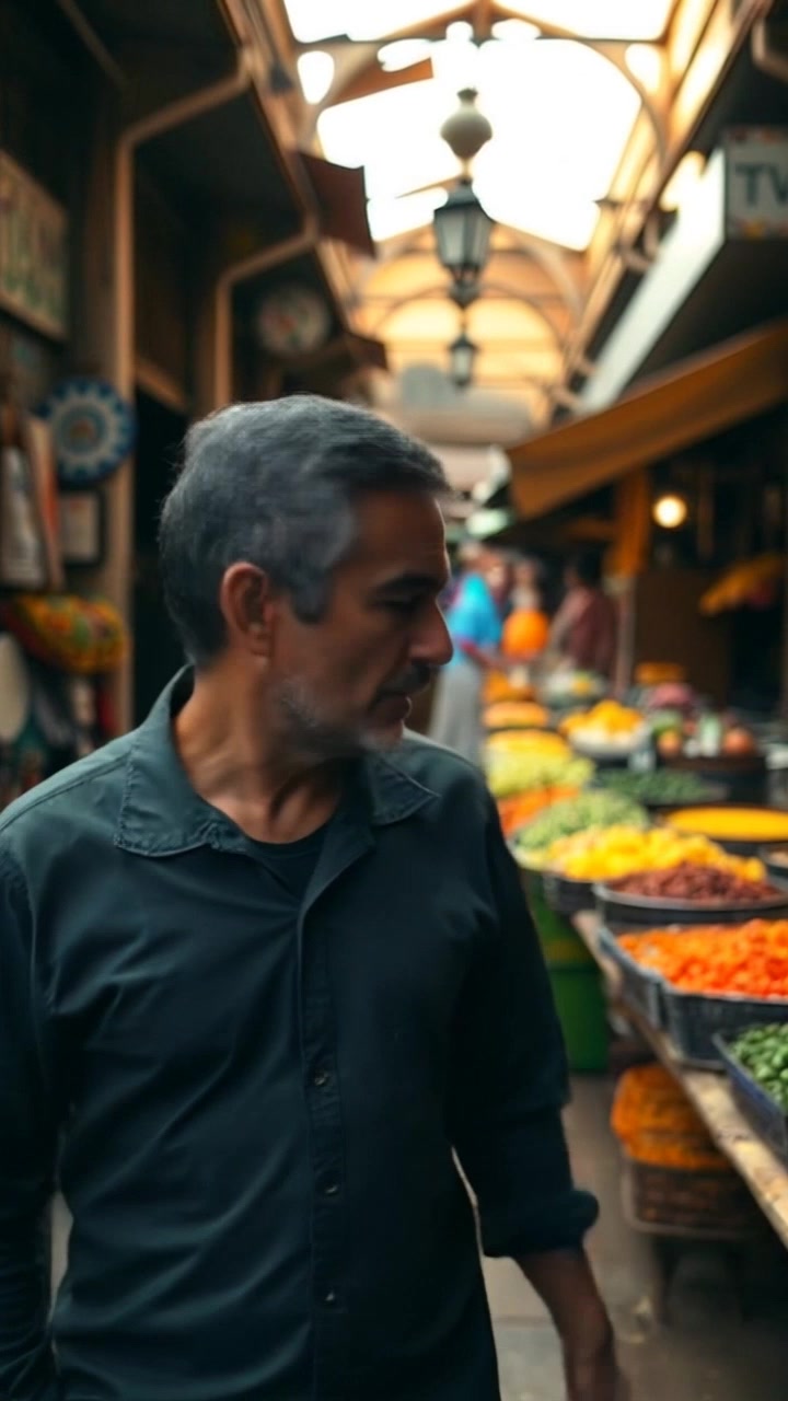 Subject: Omar stands amidst the vibrant hustle of a bustling market. Scene: Colorful stalls filled with an array of fruits and spices surround him, creating a lively atmosphere. Lighting: Bright natural light illuminates the scene, enhancing the vivid colors of the market. Motion: The camera gently pans across the market as Omar gestures toward the stalls, capturing the dynamic energy of shoppers and vendors around him.