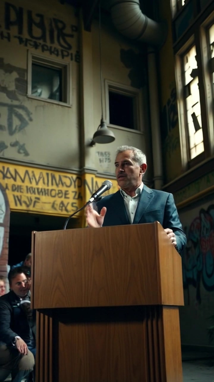 Scene: A wide shot of a press conference hall, with the podium front and center, adorned with flags and media personnel in the background. Style: Bright overhead lights illuminating the scene create a formal atmosphere. Motion: Camera slowly pushes in towards the podium as the speaker at the center gestures confidently, with reporters positioned around capturing the moment.