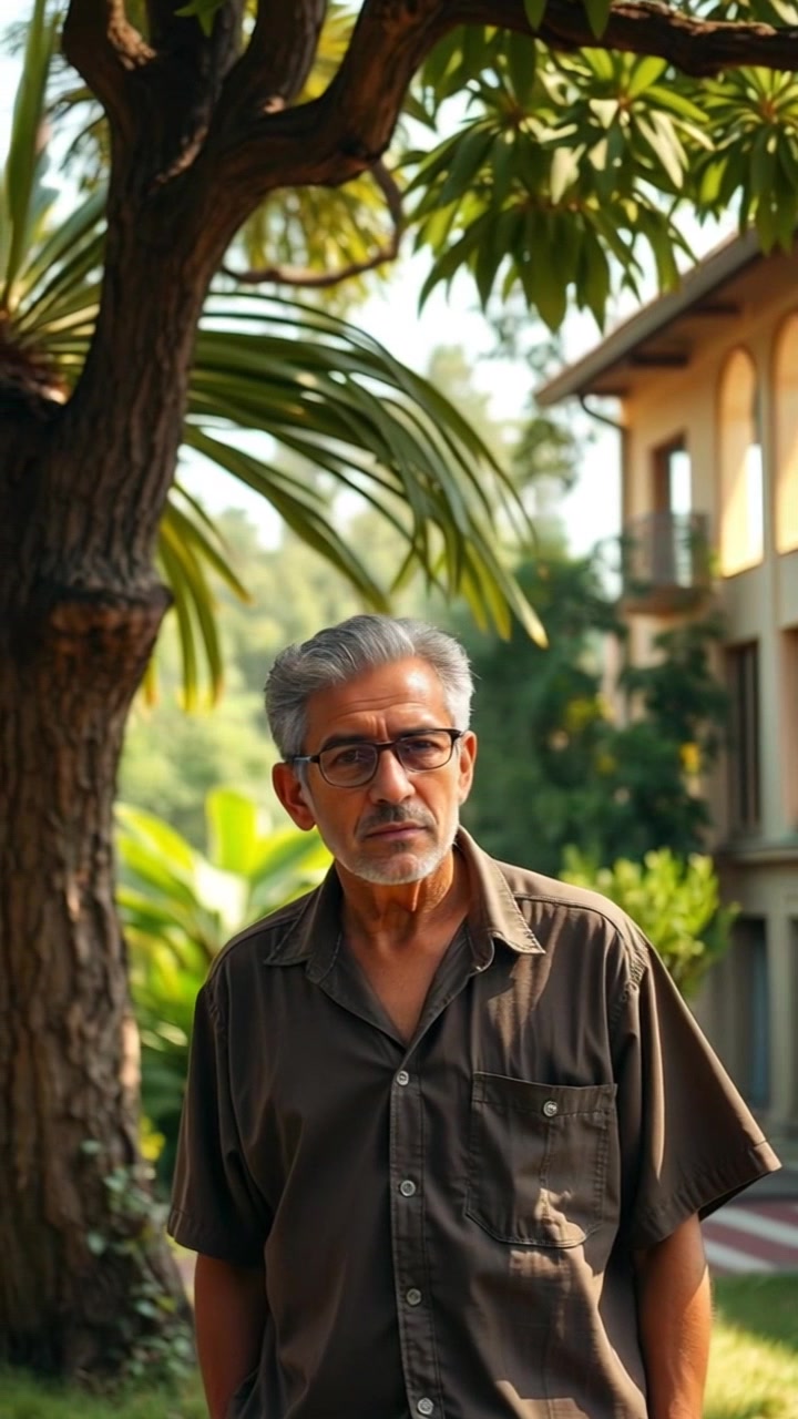 Subject: A person standing still, lost in thought. Scene: A peaceful garden with lush greenery and a large tree providing shade. Style: Soft morning light illuminating the scene, creating a tranquil atmosphere. Motion: The camera gently pushes in towards the person, capturing the serene expressions while subtly revealing the intricate details of the surrounding flora.