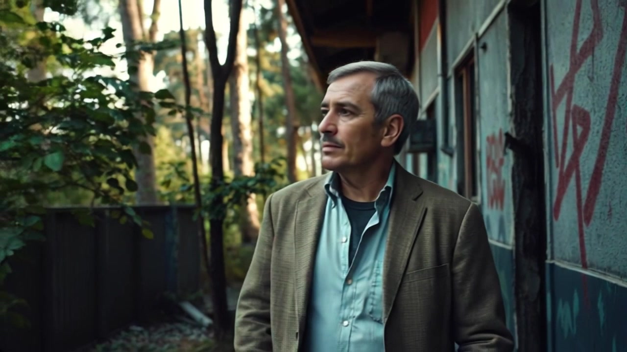 Subject: A person deep in thought. Subject movement: The individual walks slowly down a narrow path lined with tall trees, occasionally glancing around. Scene: A serene wooded path, surrounded by vibrant greenery and dappled sunlight filtering through the leaves. Style: Soft, natural lighting creates a calm and inviting atmosphere. Motion: The camera captures a gentle tracking shot that follows the person from behind, weaving through the trees and highlighting the lush surroundings.