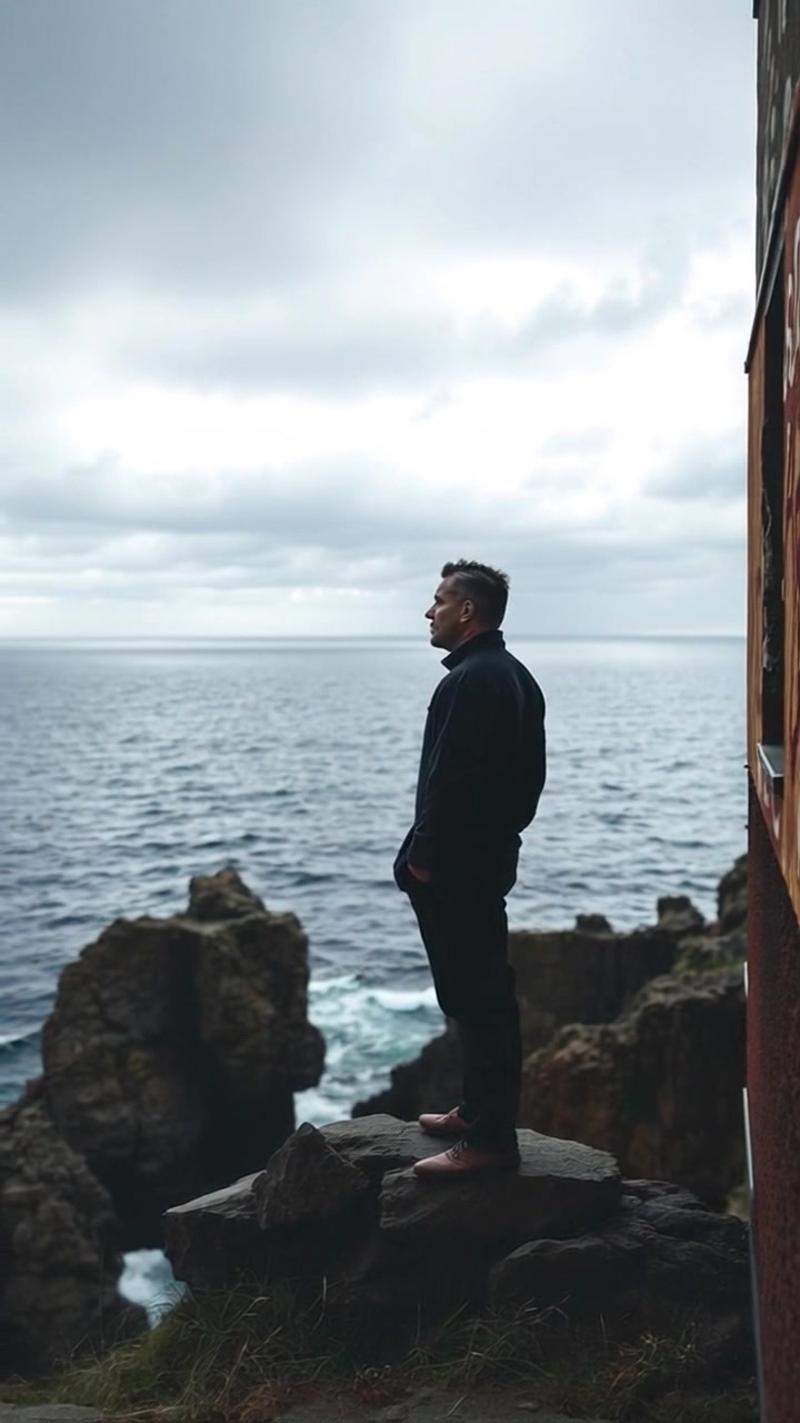 Subject: A solitary figure stands on a rocky cliff. Subject movement: The figure gazes contemplatively at the vast ocean, with a gentle breeze causing a slight sway. Scene: Rugged cliffside perched above an expansive ocean, under a dramatic, cloudy sky. Style: Moody lighting enhances the somber atmosphere with cool tones. Motion: Camera slowly pulls back to reveal the breathtaking panorama of the ocean stretching into the horizon.