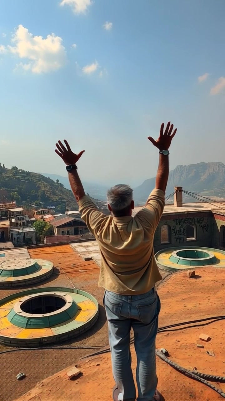 Subject: A figure standing on a hilltop. Subject movement: The figure, with arms raised triumphantly towards the sky, creates a strong sense of celebration. Scene: A breathtaking view overlooking a quaint village, surrounded by lush green hills and a bright blue sky. Style: Bright sunlight casts an inviting glow over the landscape, enhancing the vibrant colors of the village. Motion: Camera begins with a close-up on the figure and then gracefully pulls back in a wide shot to capture the expansive view behind, revealing the stunning surroundings.