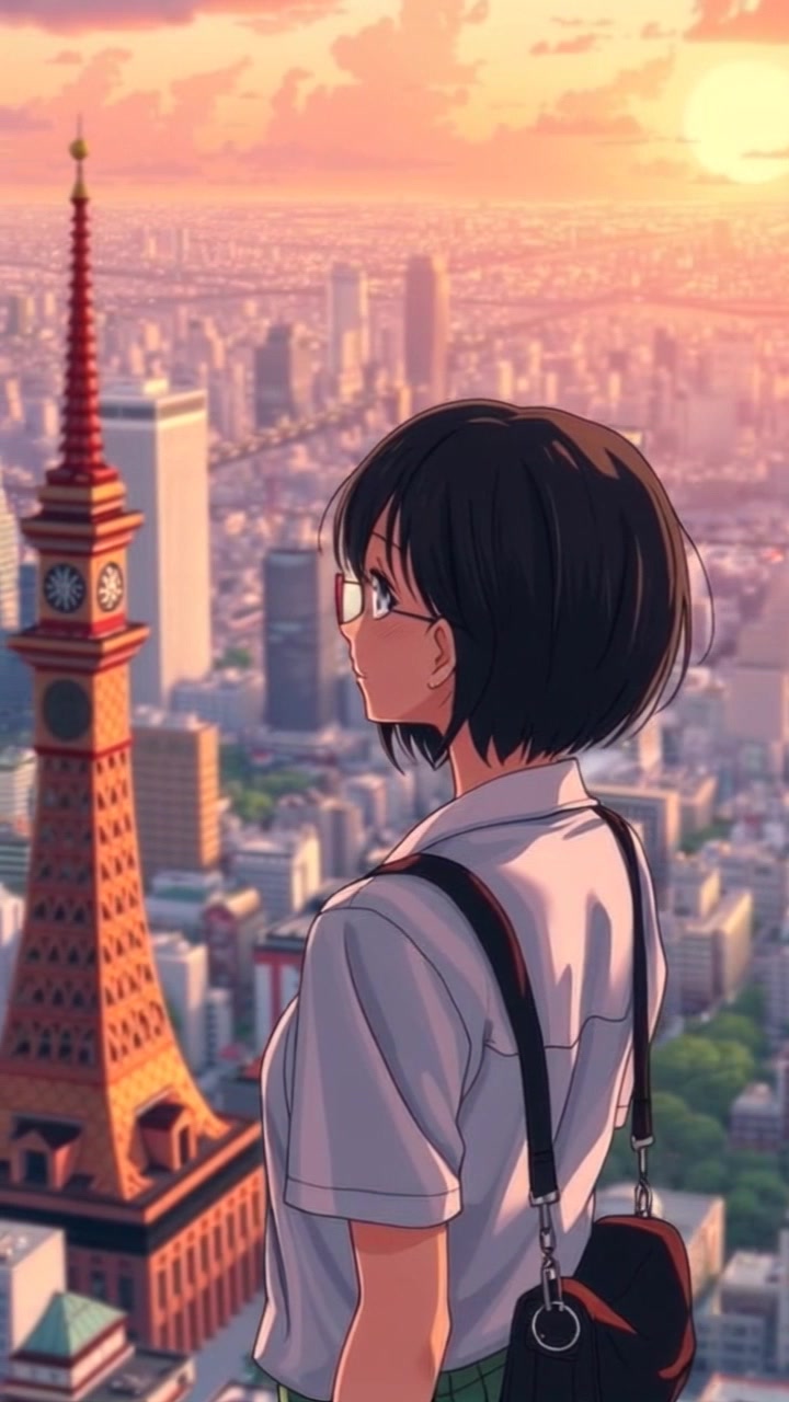 Subject: A figure in casual attire standing in the foreground. Subject movement: The figure stands still, gazing thoughtfully at the sprawling cityscape. Scene: A panoramic view of Tokyo at dusk, showcasing skyscrapers, neon lights, and bustling streets. Style: Warm twilight lighting with shimmering city reflections. Motion: The camera performs a slow, sweeping pan across the vibrant skyline of Tokyo, capturing the energy of the city as lights begin to twinkle.