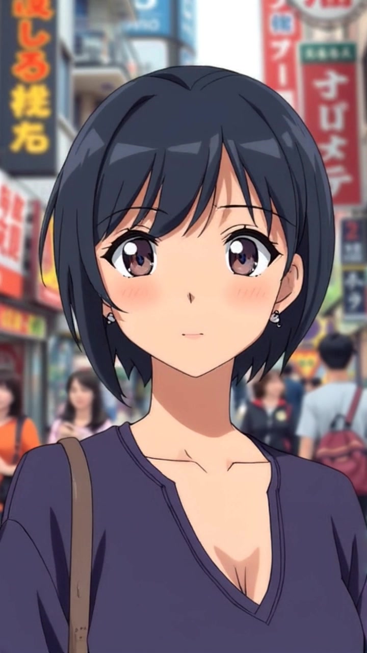 Scene: A bustling street in Tokyo, vibrant with energy, featuring blurred figures moving past. Style: Daytime lighting creates a lively and dynamic atmosphere, accentuating the colorful storefronts and neon signs. Motion: The camera begins with a close-up of the subject in sharp focus, then smoothly pushes out to reveal the sprawling motion of the crowd around them, capturing the essence of urban life.