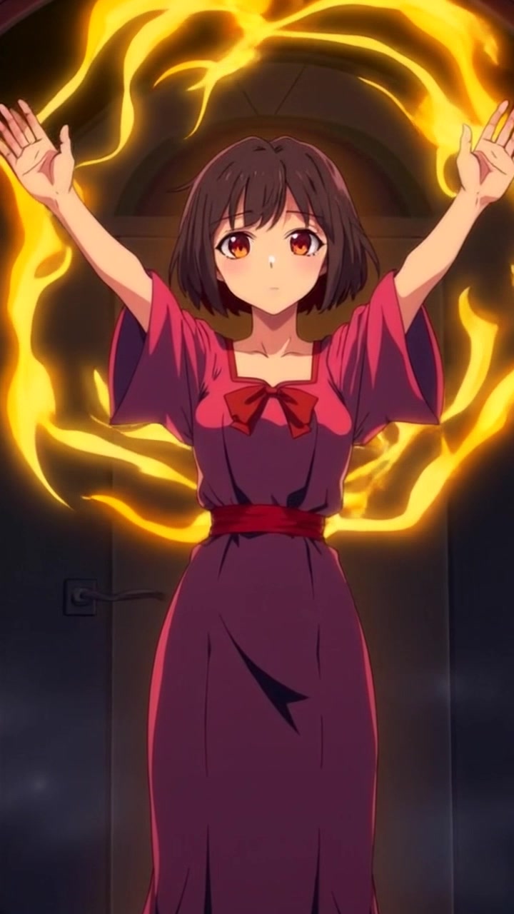 Subject: A figure standing with arms raised, surrounded by swirling, glowing energy. Subject movement: The energy exudes outward, pulsating rhythmically as the figure maintains a strong pose. Scene: A darkened, mysterious room illuminated only by the vibrant, ethereal glow of the energy. Style: Moody, low-key lighting creating dramatic contrasts with the shadows. Motion: The camera slowly pushes in towards the figure, capturing the intricate details of the swirling energy and the intense focus of the subject.