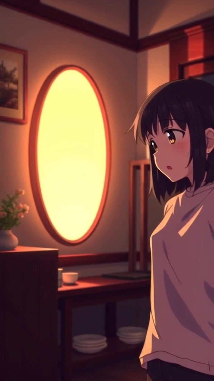 Subject: A person standing in a dimly lit room. Subject movement: The individual appears surprised, taking a step forward towards a mysterious glowing object. Scene: An atmospheric, dimly lit room filled with shadows and hints of furniture, creating an air of intrigue. Style: Soft, ambient lighting highlighting the glowing object while casting gentle contrasts across the room. Motion: Camera slowly zooms in on the surprised expression, then transitions smoothly to focus on the glowing object as it illuminates the scene.