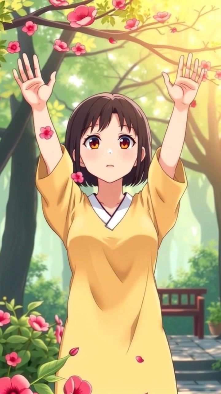 Subject: A person standing in a serene garden. Subject movement: The individual raises her hands towards the sky, exuding a sense of tranquility and connection with nature. Scene: Lush greenery surrounds the garden, with dappled sunlight filtering through the trees, creating a peaceful atmosphere. Style: Soft, warm lighting that enhances the natural colors of the garden, evoking a calm and inviting mood. Motion: Camera slowly pushes in towards the subject, capturing the gentle movement of her arms and the shimmering leaves above, creating a sense of intimacy with the serene environment.
