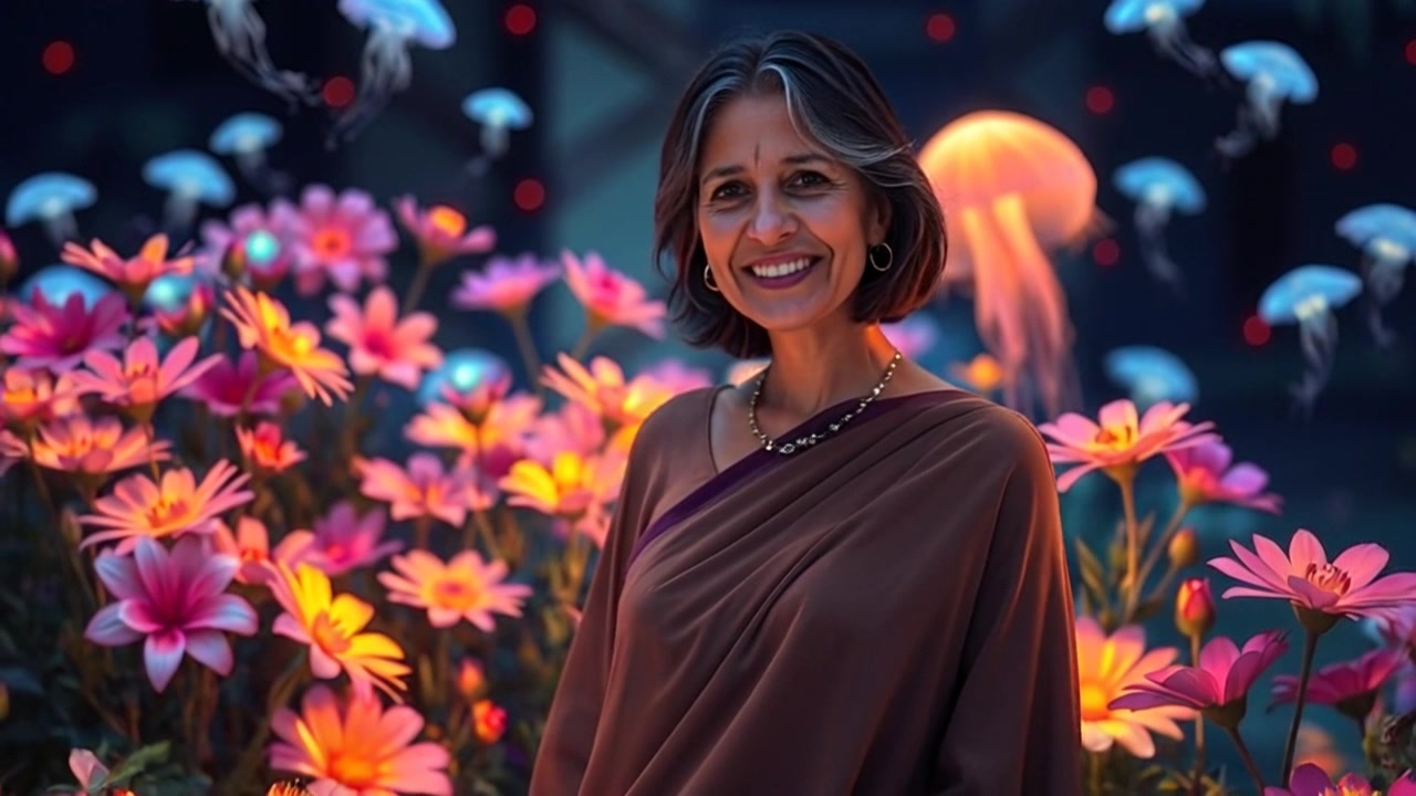 Subject: Asha, standing confidently in a serene garden filled with blooming flowers. Subject movement: Asha shifts her weight lightly from one foot to the other, exuding a relaxed yet confident aura. Scene: A lush garden teeming with colorful flowers under a bright blue sky. Style: Warm, inviting sunlight bathes the scene, enhancing the vibrant colors of the blossoms. Motion: The camera gently zooms in on Asha's smile, capturing her joyful expression against the backdrop of the blossoming flowers.