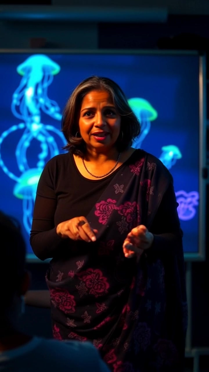 Subject: Asha passionately speaking in front of a classroom whiteboard. Subject movement: Asha gestures animatedly, moving her hands to emphasize key points as she engages with the students. Scene: Brightly lit classroom filled with student desks, colorful educational posters adorning the walls. Lighting: Natural daylight streaming through windows, creating a vibrant and energetic atmosphere. Motion: The camera performs a close-up push-in on Asha as she speaks, then transitions to a wider shot showing the attentive students, highlighting the interaction.