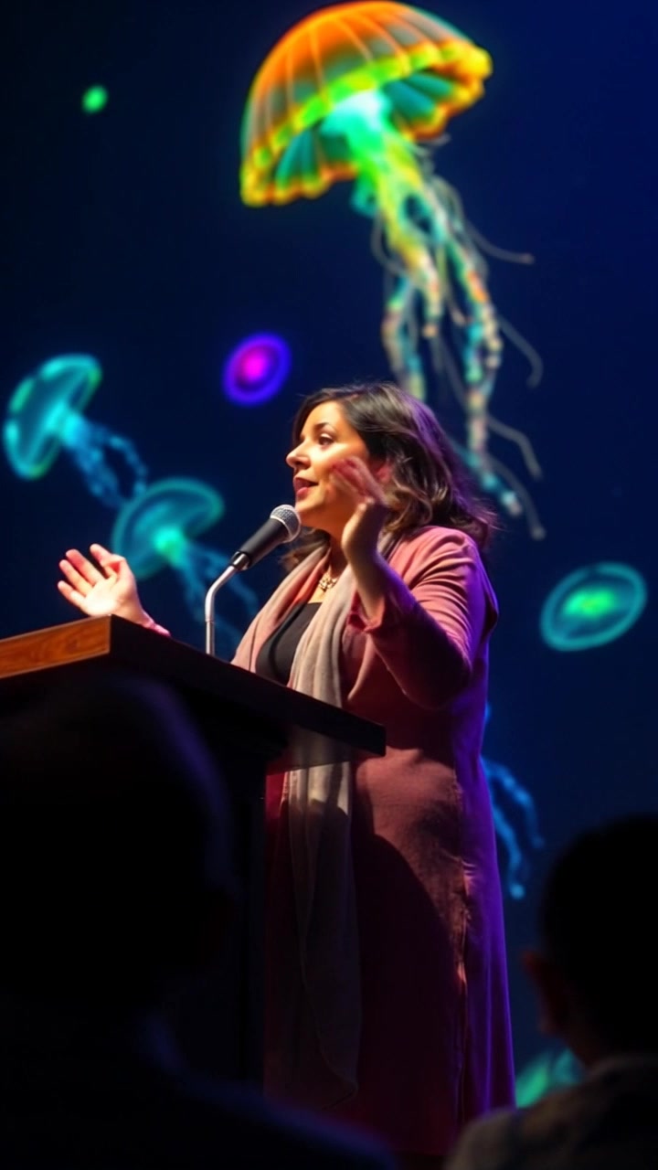 Subject: Asha standing confidently at a podium during a presentation, passionately engaging with the audience. Subject movement: Asha gestures animatedly, emphasizing key points as she speaks. Scene: A modern conference hall filled with attentive audience members, the atmosphere charged with enthusiasm and anticipation. Style: Bright, natural lighting enhancing the vibrancy of the scene. Motion: The camera moves gently from a close-up of Asha's expressive face to a wider shot that includes the audience's captivated reactions, creating a dynamic engagement perspective.