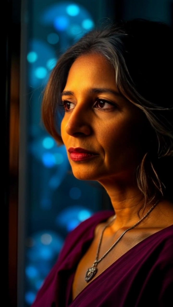 Subject: Asha standing near a window, lost in thought as sunlight softly illuminates her face. Scene: Cozy interior space with warm sunlight streaming through a window, casting gentle shadows and highlights on Asha's features. Motion: The camera gradually pushes in on Asha's contemplative expression, capturing the delicate play of light on her face during the early morning hours, highlighting the serene atmosphere.