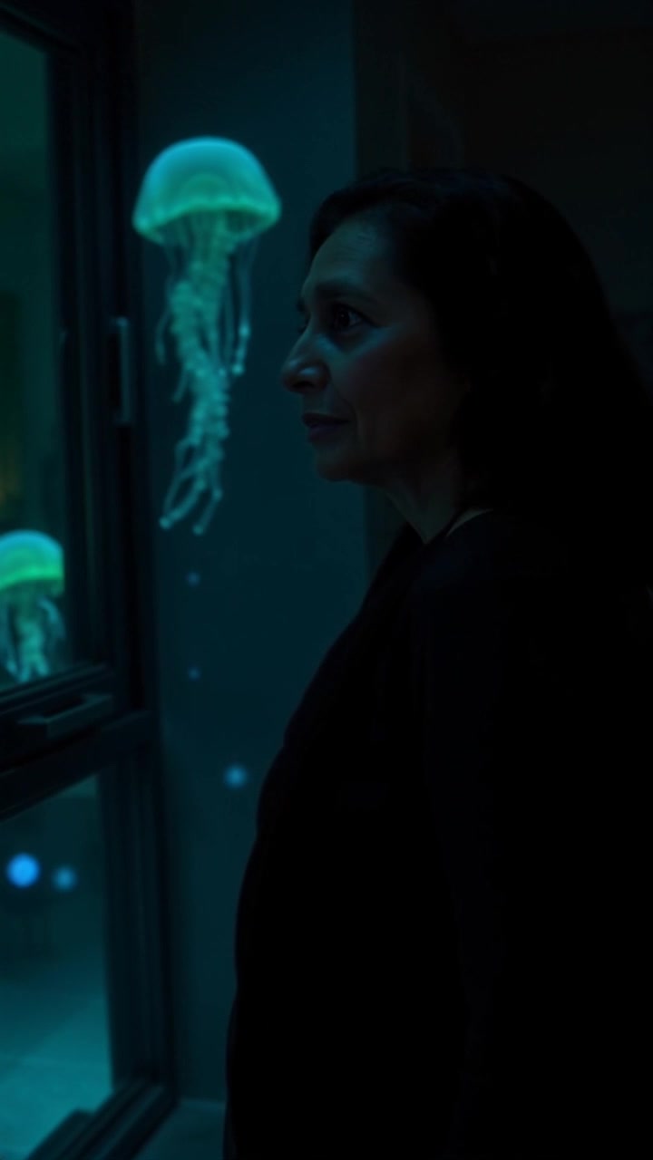 Subject: Asha standing alone in a dimly lit room, gazing out the window with a somber expression. Scene: Asha in a dimly lit room, with soft shadows highlighting the furniture and quiet reflections on the glass. Motion: The camera slowly zooms in on Asha's face, capturing the depth of her contemplation, while the ambient lighting creates a poignant and introspective atmosphere.