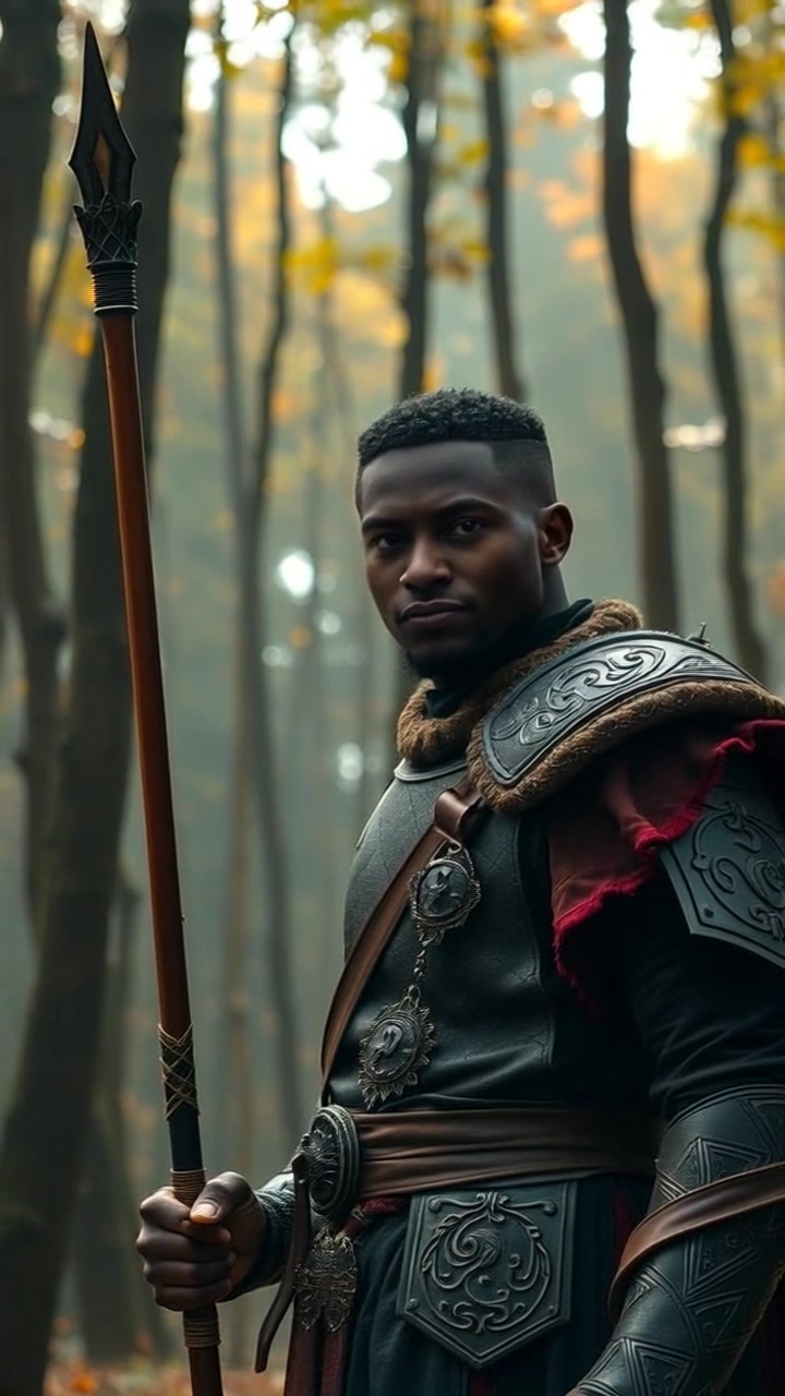 Subject: A figure standing in a dense forest. Subject movement: The figure lowers his spear gradually, with a tense expression indicating concern. Scene: Lush, vibrant forest setting, filled with tall trees and dappled sunlight filtering through the leaves. Style: Warm, inviting light creating a serene yet tense atmosphere. Motion: Camera begins with a close-up on the figure's face, then pulls back smoothly to reveal the surrounding forest, capturing the sense of isolation.