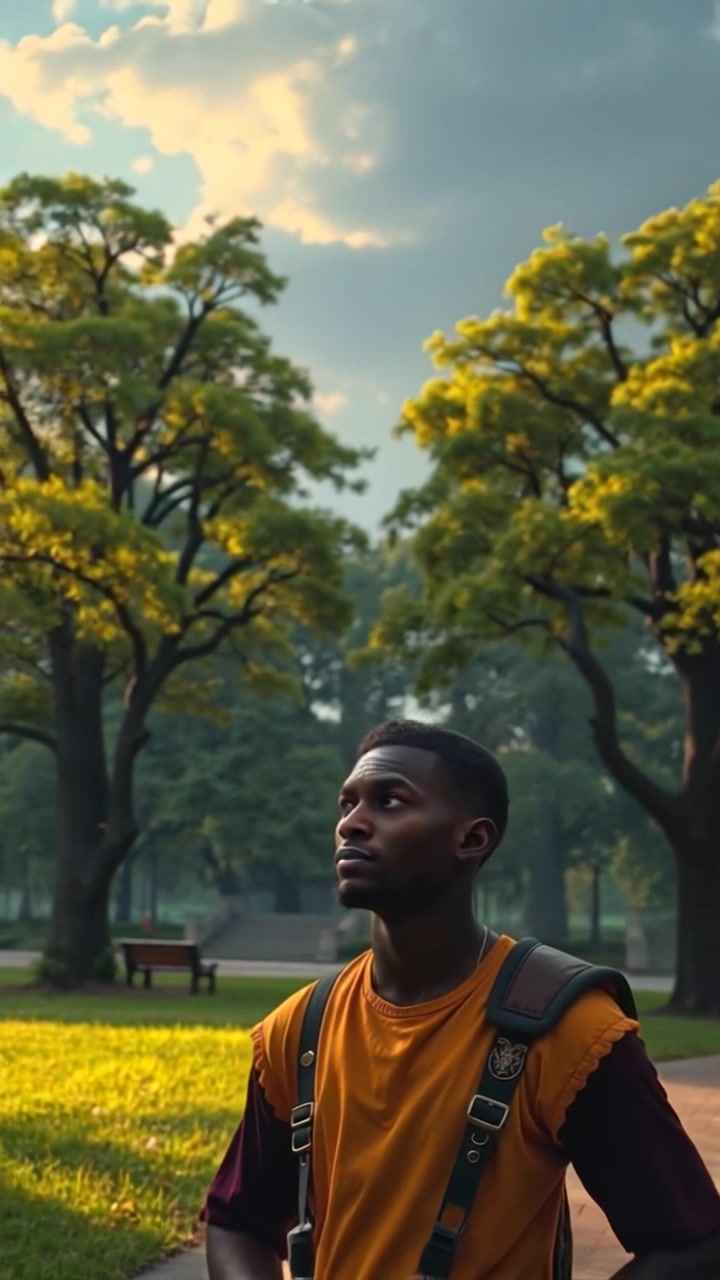 Subject: A person with a worried expression standing alone in a park. Subject movement: The person turns their gaze from the sky to the surroundings, shifting nervously. Scene: A serene park setting with green grass, tall trees, and an expansive sky. Style: Soft, ambient light filtering through the leaves, creating dappled patterns on the ground. Motion: The camera begins with a close-up on the person's face showing their expression, then gently pulls back to reveal the park environment, emphasizing the vastness and tranquility surrounding them.