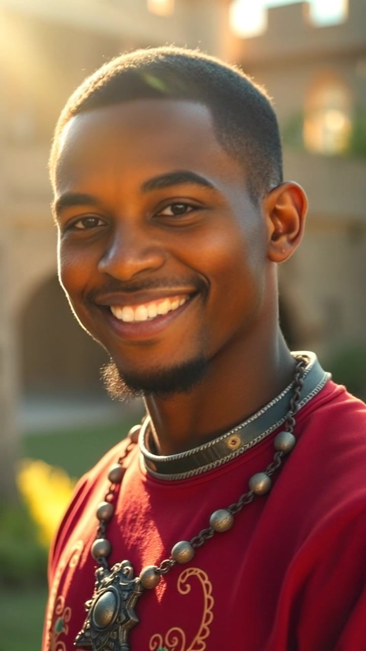 Subject: A person smiling warmly at the viewer. Scene: A sunlit outdoor location, surrounded by trees and the gentle glow of sunlight filtering through the leaves. Lighting: Warm, golden sunlight creating a friendly and inviting atmosphere. Motion: The camera gently pushes in towards the subject, focusing on their cheerful expression, while soft bokeh effects surround the background.