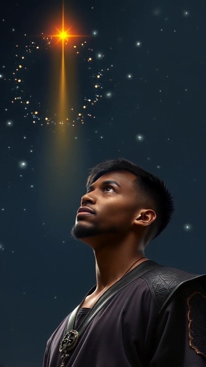 Subject: A person standing outside, gazing upward. Subject movement: The person remains still as they watch a bright falling star streak across the dark sky. Scene: A serene outdoor setting under a starry night, showcasing a vast expanse of twinkling stars. Style: Ambient moonlight softly illuminating the scene, creating a calm and reflective atmosphere. Motion: The camera slowly pans upwards, capturing the falling star in motion, before returning to focus on the person’s expressions of awe.