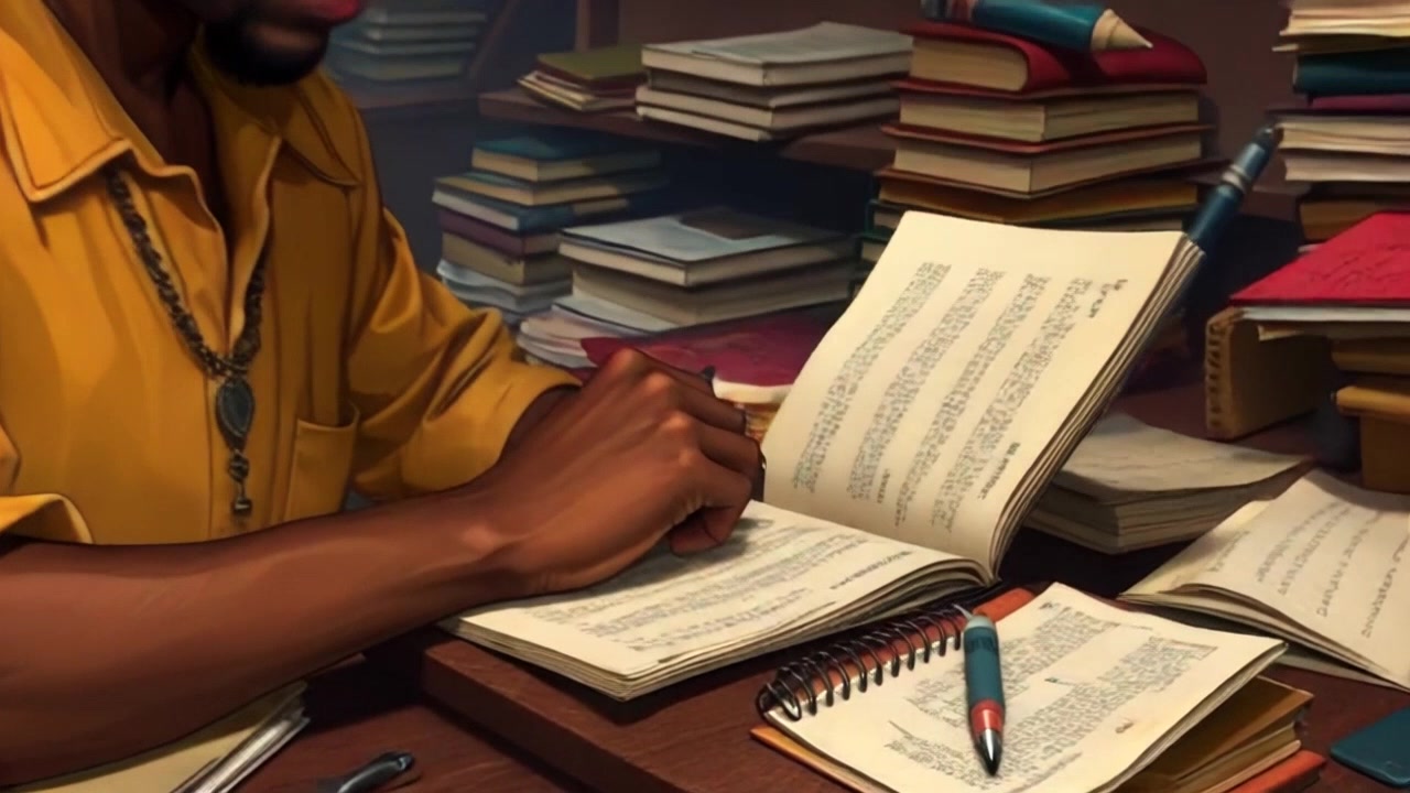 Scene: A cluttered desk filled with books, papers, and study materials, creating a chaotic but inspiring study environment. Style: Soft, ambient lighting that highlights the textures of the materials on the desk as dusk approaches. Motion: The camera gently pushes in on the desk, focusing on the open pages of a book, while subtly emphasizing the intricate details of the surrounding items, creating an inviting atmosphere of concentrated study.