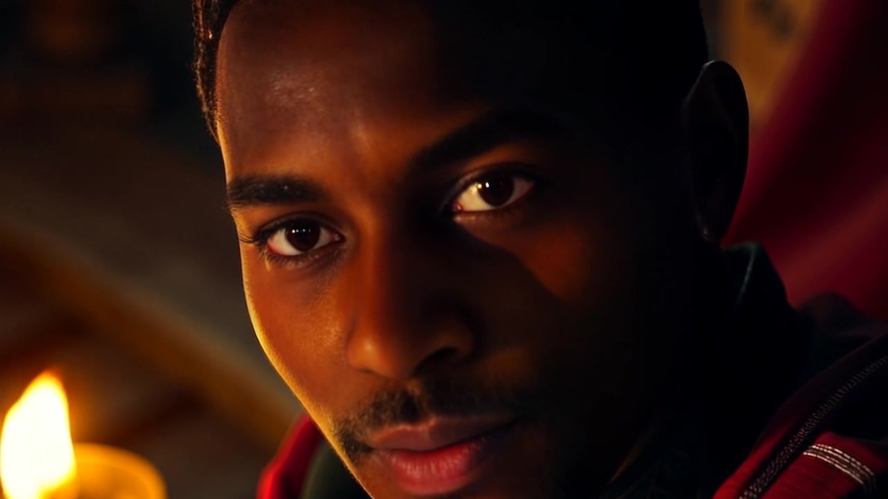 Subject: A person with intense eyes and a determined expression. Scene: Close-up of a determined face illuminated by warm, glowing light. Motion: The camera slowly pushes in, capturing the subtle intensity of the eyes, while the background blurs softly in a gentle bokeh effect, enhancing the subject's focus. Lighting: Warm ambient light casts a hopeful atmosphere around the face.