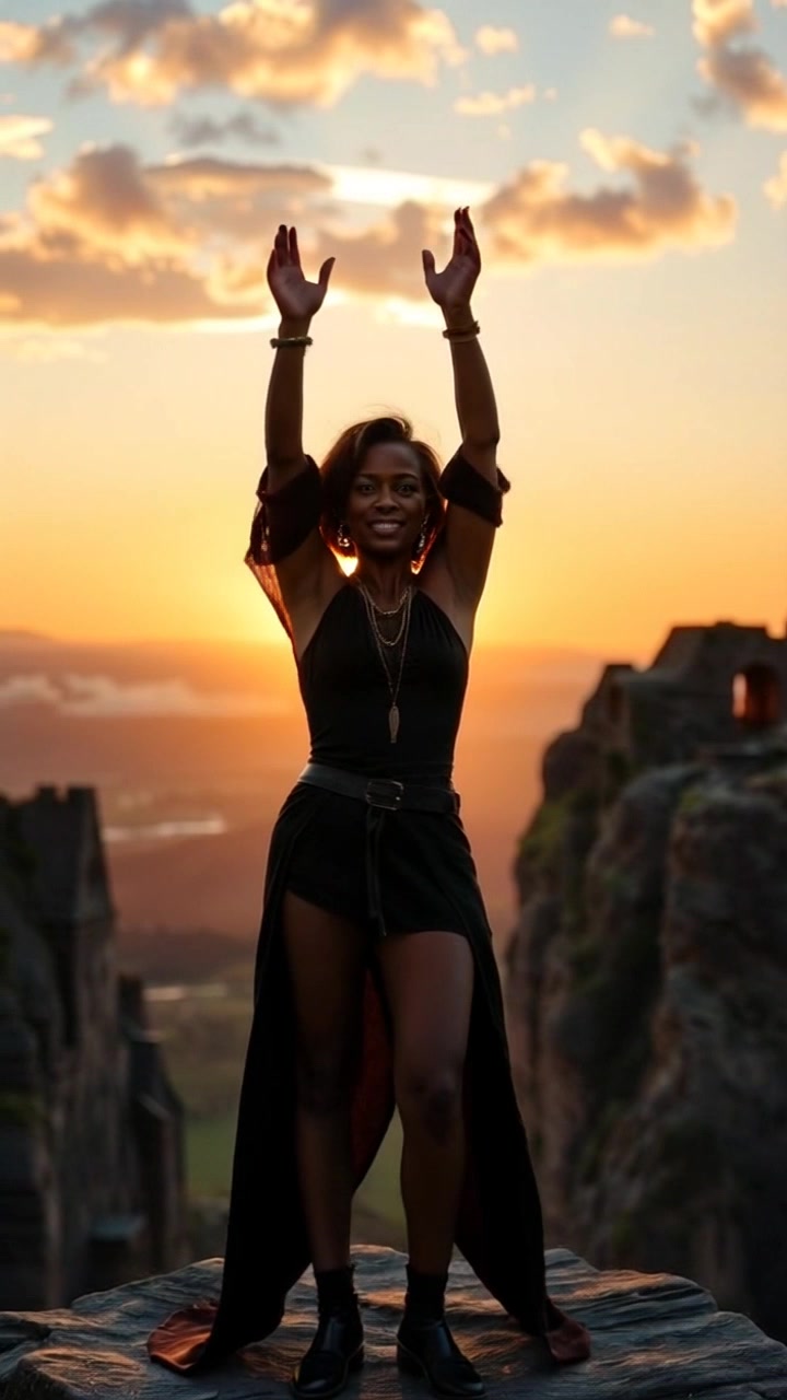 Subject: A woman standing triumphantly on a cliff. Subject movement: She raises her arms in celebration against the dramatic sunset backdrop. Scene: A breathtaking cliff edge overlooking a vast landscape, with the sun dipping below the horizon. Style: Warm, golden-hour lighting illuminating the sky with vibrant oranges and pinks, casting a soft glow on the rocky cliff. Motion: Camera begins with a wide shot of the sunset, then slowly pushes in for a closer view of the woman, capturing her joy as the wind gently tousles her hair.