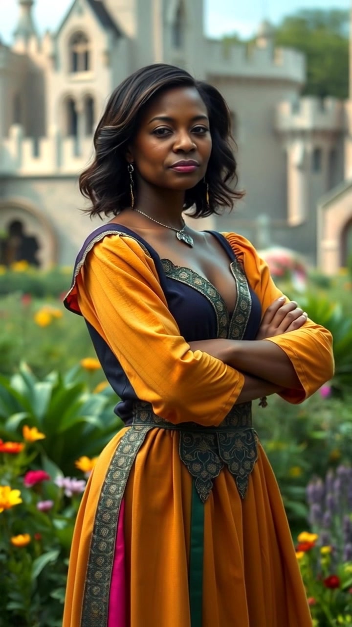 Subject: Princess Monique standing thoughtfully with her arms crossed. Scene: A vibrant, lush garden filled with colorful flowers and greenery, set against a serene backdrop. Style: Soft, dappled sunlight filtering through the trees, creating a warm, inviting atmosphere. Motion: Begin with a close-up on Princess Monique's contemplative expression, then slowly push out to reveal the enchanting garden surroundings, allowing the viewer to absorb the beauty of the scene.