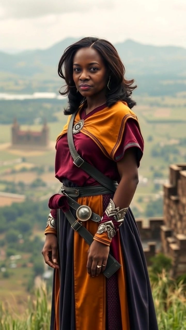 Subject: A determined figure standing confidently on a hilltop. Scene: A panoramic view over the landscape of Zaria, showcasing rolling hills, vibrant greenery, and distant mountains. Lighting: Bright, harsh midday sun illuminating the scene. Motion: The camera performs a slow push-in towards the figure, emphasizing her strong posture and the vastness of the landscape behind her.