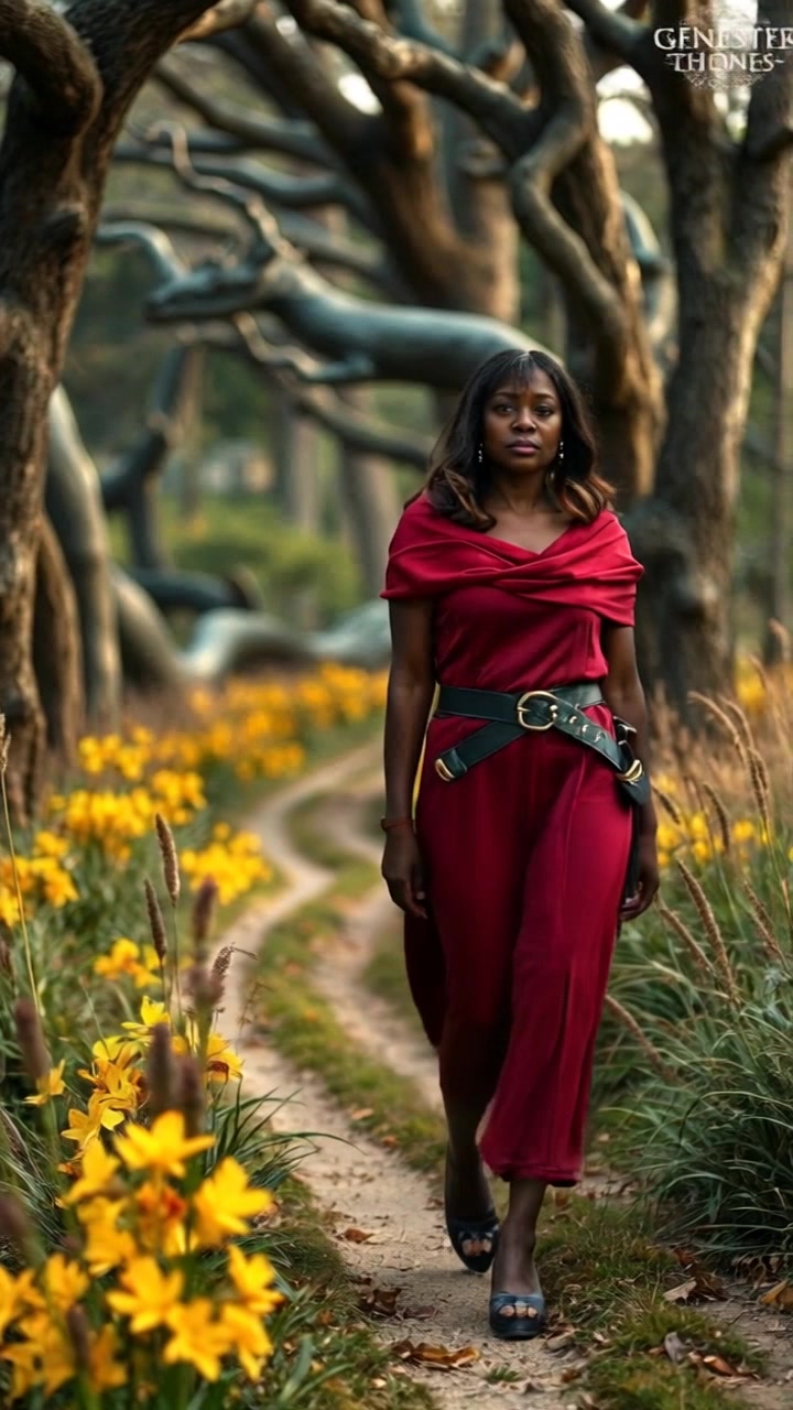 Subject: A confident individual walking down a winding path. Subject movement: The person strides purposefully along the path, with tall grass swaying gently beside them. Scene: A serene path lined with towering ancestral trees, creating a naturally framed perspective. Style: Soft, dappled sunlight filtering through the leaves, casting playful shadows on the ground. Motion: Camera follows closely behind, smoothly tracking the individual's movement as they progress down the path, gradually revealing the lush surroundings and the majestic trees.