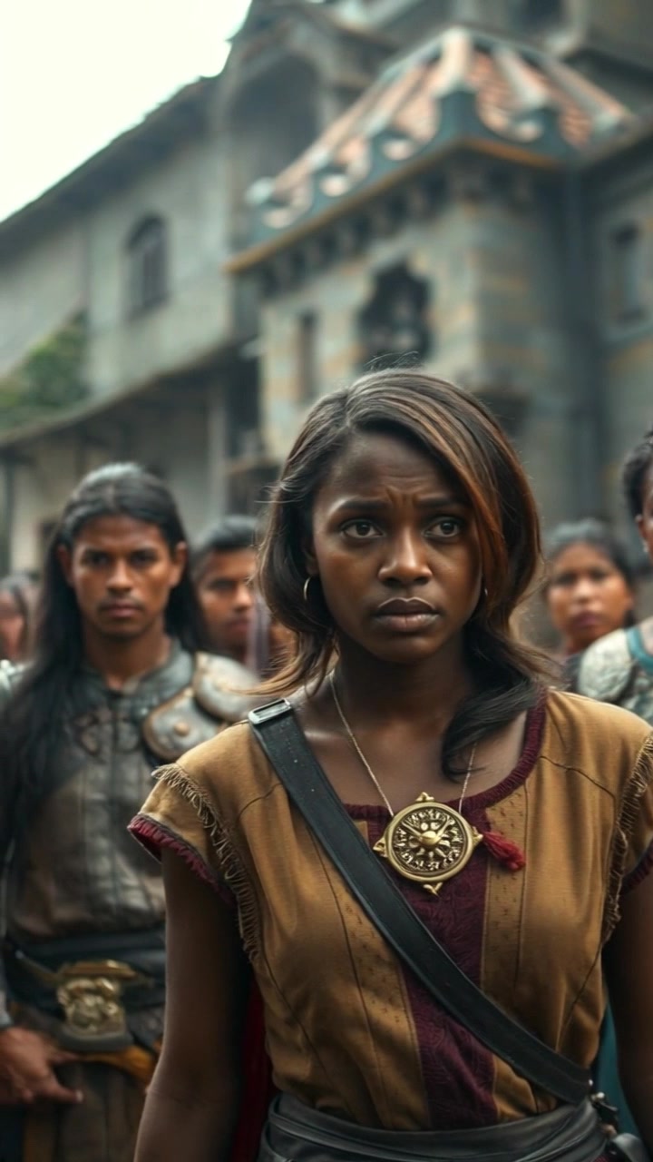 Subject: Monique standing among a group of anxious villagers, her worried expression capturing the mood. Scene: A tense village atmosphere, surrounded by rustic homes and overcast skies, with villagers exchanging concerned glances. Motion: The camera pans slowly across the group, capturing their expressions while dolly-in on Monique to emphasize her concern, enhancing the dramatic tension of the scene. Lighting: Moody, gray light casting a somber tone over the villagers.