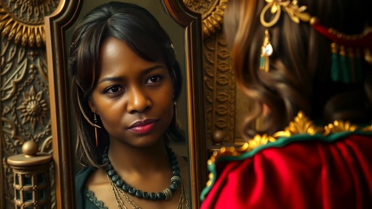 Subject: A young woman gazing at her reflection in a mirror, her expression conveying doubt and insecurity. Scene: A softly lit room with warm, ambient lighting that enhances the mood of introspection. Motion: The camera begins with a close-up on her face, capturing the subtle emotions, then slowly pulls back to reveal the full mirror and the room around her, adding depth to her moment of reflection.