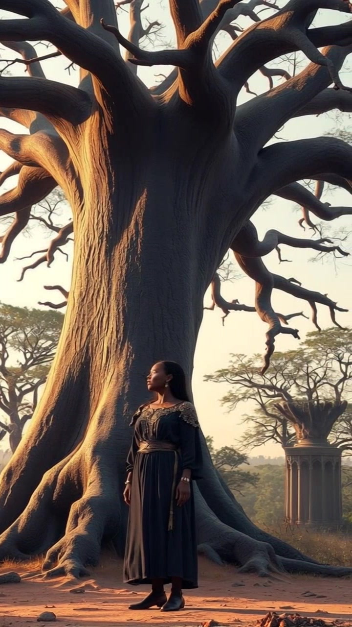 Subject: Monique standing beneath a large baobab tree. Subject movement: She gazes thoughtfully into the distance, her body slightly swaying with the breeze. Scene: A tranquil setting under the expansive canopy of the baobab tree, surrounded by lush greenery and a clear blue sky. Style: Soft, ambient lighting filters through the tree leaves, casting dappled shadows on the ground. Motion: The camera gently pans around Monique, capturing her contemplative expression and the grandeur of the tree above, immersing the viewer in this serene moment.