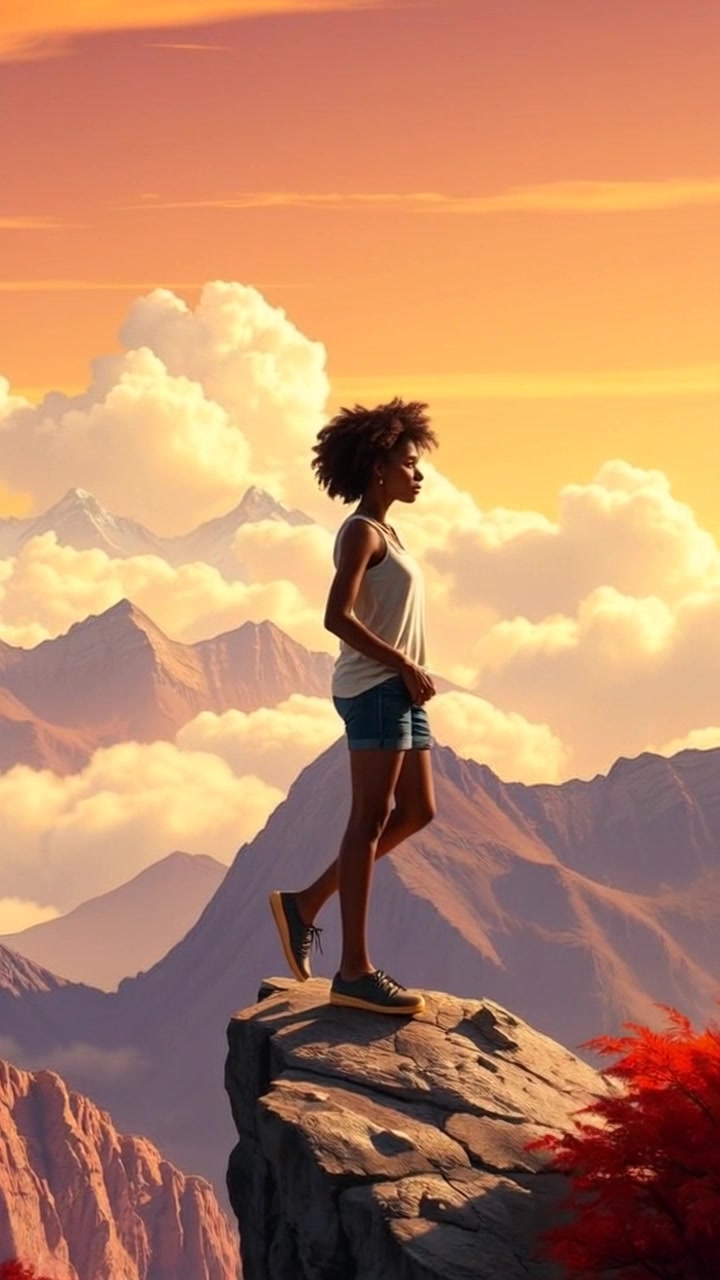Scene: A person standing on a cliff, overlooking a sweeping landscape dotted with majestic mountains and wispy clouds. Style: Soft, natural lighting accentuating the contours of the mountains with a serene, inviting atmosphere. Motion: The camera slowly pushes in, capturing the expansive view as the person takes a deep breath, arms raised in a moment of triumph, framed by the grandeur of nature.