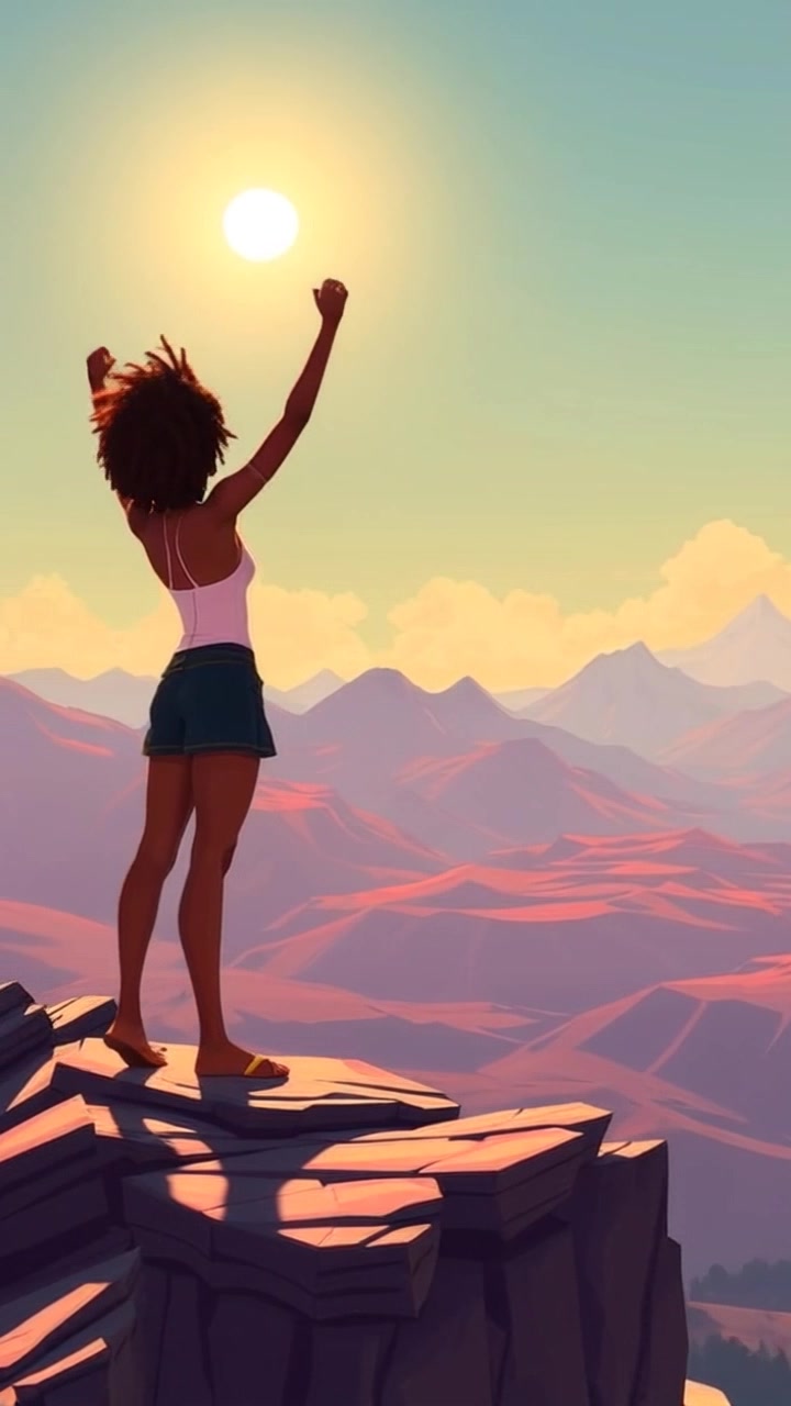 Subject: A confident individual standing on a mountain peak, overlooking a vast landscape at sunrise. Subject movement: The individual raises their arms in triumph as the first light of dawn illuminates the scene. Scene: A breathtaking view from a mountain summit, the horizon stretching endlessly with rolling hills and valleys below, bathed in warm golden hues. Style: Soft, ambient light of sunrise creating a serene atmosphere, with gentle contrasts highlighting the contours of the landscape. Motion: The camera slowly pans around the mountaintop, capturing the expansive scenery while focusing on the individual's expression of achievement against the vastness of nature.