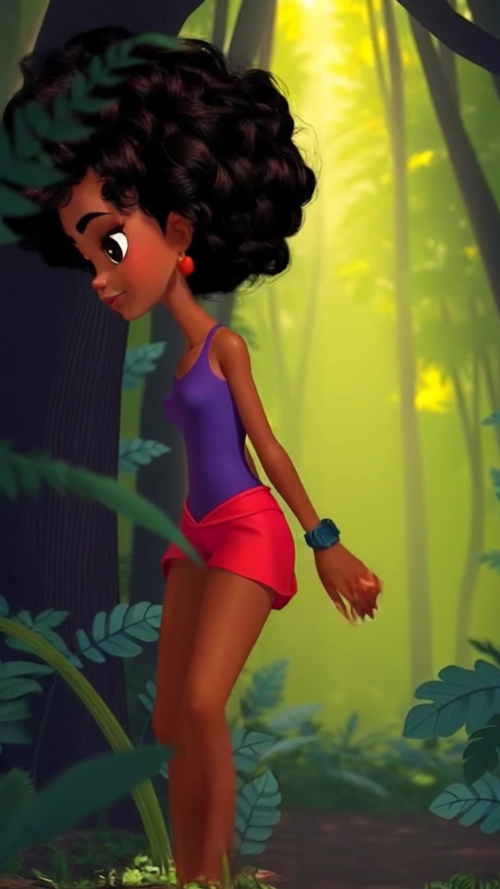 Subject: Nia walking through a dense forest, scanning her surroundings cautiously. Subject movement: Her steps are deliberate and careful as she navigates the thick underbrush. Scene: A dense, lush forest with tall trees, dappled sunlight breaking through the canopy, and the sounds of nature surrounding her. Style: Soft, ambient lighting with a hint of golden hour warmth, creating an inviting yet mysterious atmosphere. Motion: The camera follows her from a low, handheld perspective, capturing the subtle movements of her body and the swaying of the branches as she walks.
