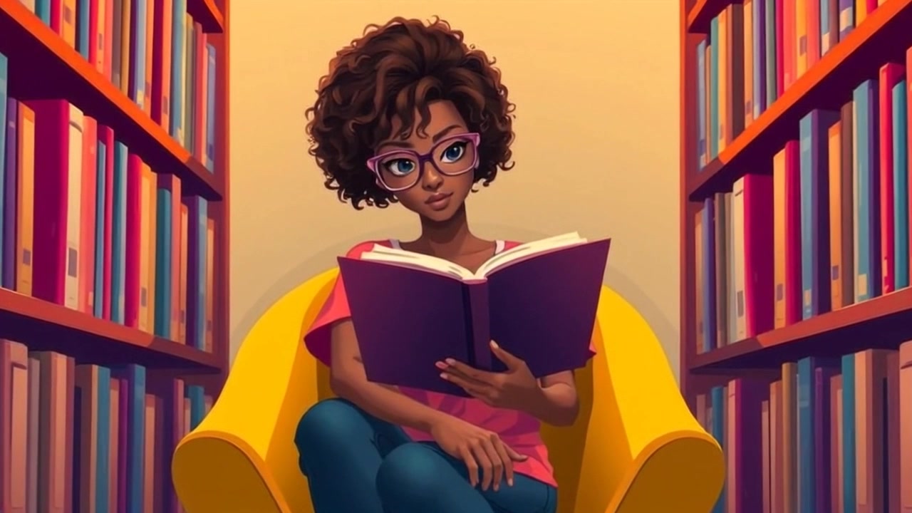 Subject: A young woman deeply engrossed in a book. Subject movement: She occasionally turns the pages with subtle movements, completely absorbed in her reading. Scene: A cozy corner of an inviting library, surrounded by towering shelves filled with books and warm, soft furnishings. Style: Gentle ambient lighting creates a warm, inviting atmosphere, highlighting the golden tones of the wood and the rich colors of the books. Motion: The camera starts with a slow push-in from a broader view of the library, smoothly focusing on the woman as she sits in her nook, lost in her story.