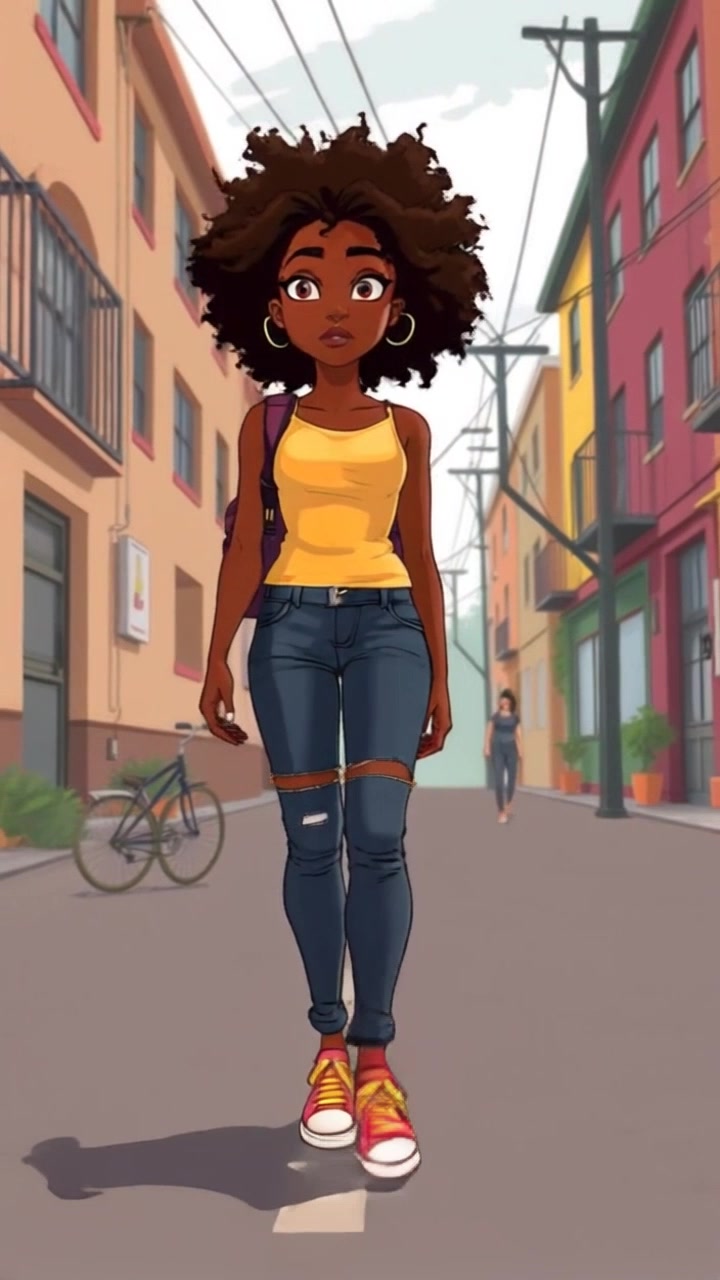 Subject: A determined figure walking. Subject movement: Nia strides purposefully down a quiet street, leaving her home behind, her confidence radiating in each step. Scene: A serene neighborhood street lined with trees, with the warmth of morning sun casting long shadows along the path. Lighting: Soft, ambient morning light enveloping the scene. Motion: The camera smoothly follows Nia from a low angle as she walks, creating an intimate feel that captures her focused expression.