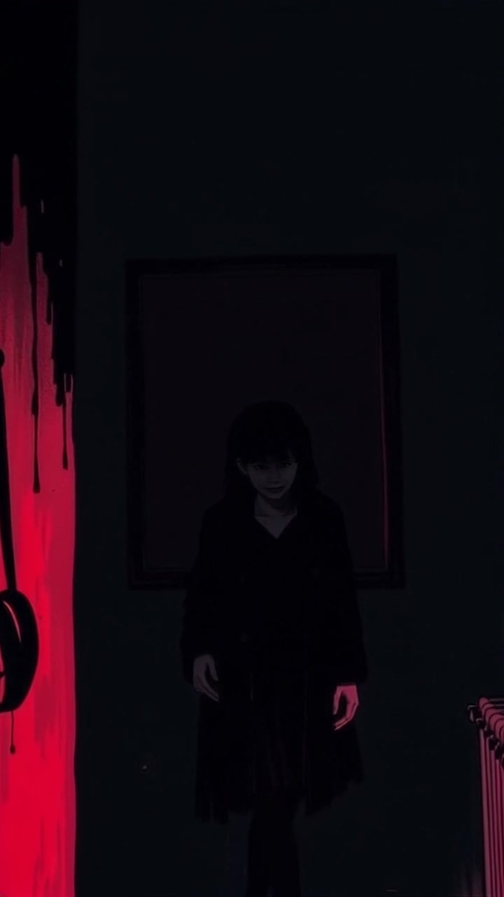 Scene: A dimly lit room with shadows dancing across the walls, creating an enigmatic atmosphere, featuring a silhouette in the corner. Style: Moody lighting enhances the dark, mysterious vibe of the setting. Motion: The camera slowly pushes in towards the silhouette, drawing viewers deeper into the shadows, inviting curiosity about what lies within.