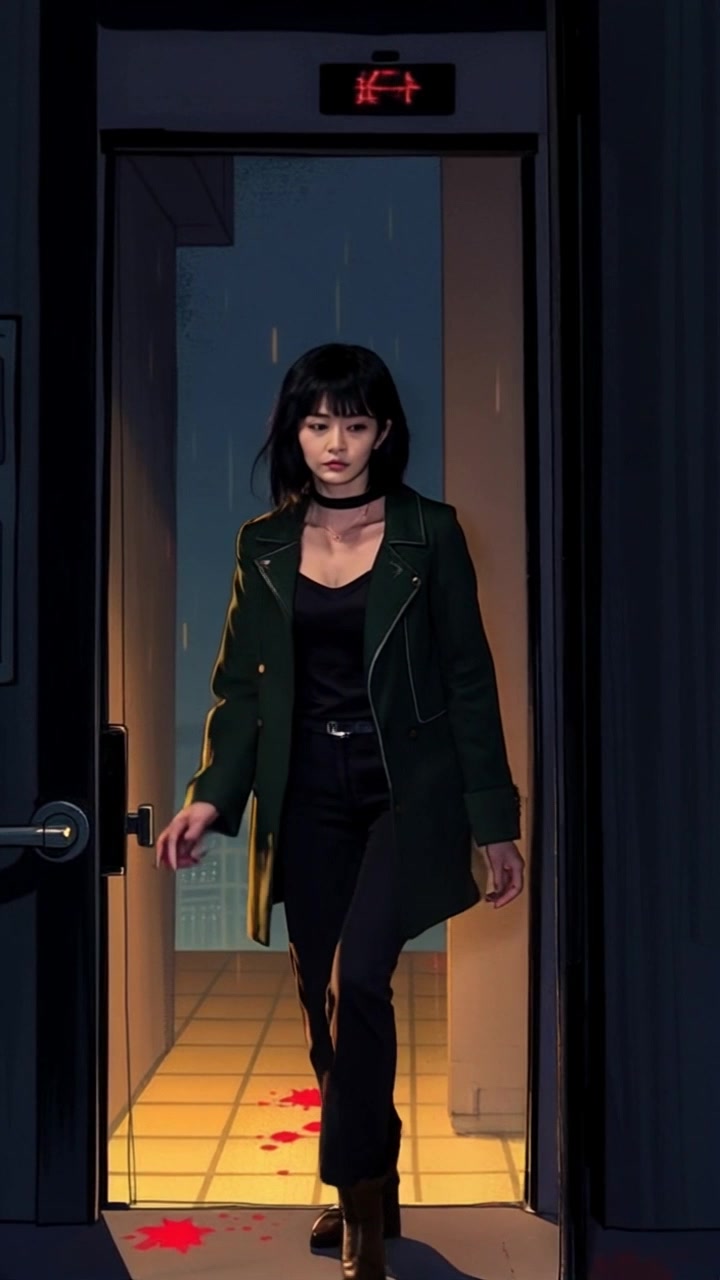 Scene: A dimly lit, eerie hallway with flickering lights and a sense of unease. Motion: A handheld camera follows closely behind as Li steps out of the elevator, revealing the ominous surroundings. Style: Low-key lighting, enhancing the shadows and creating a suspenseful atmosphere.