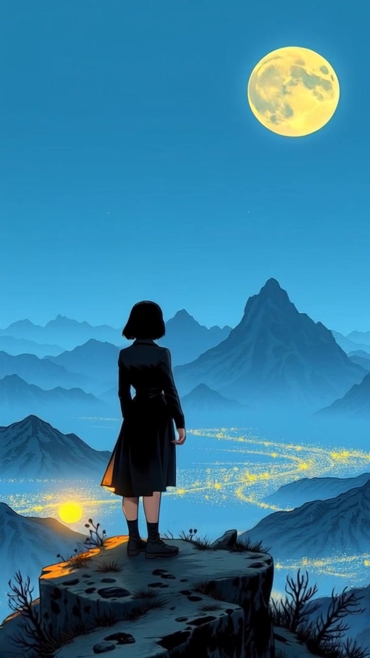 Subject: A person gazing out over the stunning landscape. Subject movement: The figure shifts slightly, soaking in the view. Scene: A hilltop with breathtaking mountains under a clear blue sky. Style: Bright, natural daylight illuminating the vibrant colors of the landscape. Motion: Camera starts with a close-up of the subject's contemplative expression, then slowly pulls back to reveal the expansive view, accentuating the majesty of the surrounding mountains.