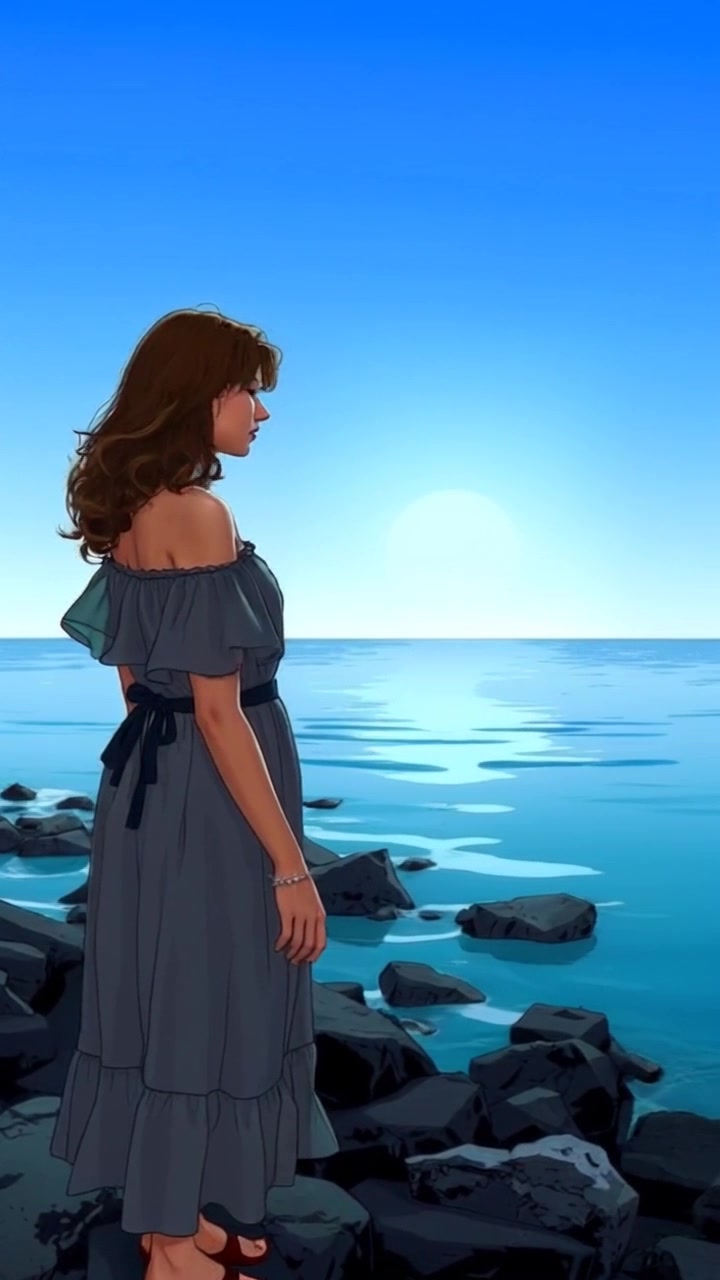 Subject: Maya standing on a rocky shoreline. Subject movement: She is turning her head slowly, taking in the serene view of the calm sea. Scene: Rocky shoreline with gentle waves lapping against the rocks under a vast clear blue sky. Lighting: Bright, midday sun casting soft shadows. Motion: The camera begins with a close-up of Maya’s thoughtful expression before smoothly zooming out to reveal the expansive sea and sky, adding depth to the tranquil atmosphere.