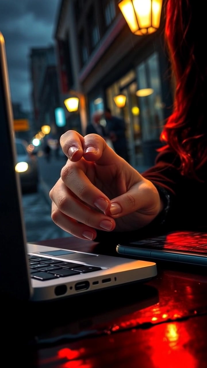 Scene: A close-up of a smartphone on a wooden table, with a hand hovering anxiously above it, as if contemplating whether to pick it up. Style: Warm ambient lighting creates a cozy yet tense atmosphere, highlighting the details of the phone and the texture of the table. Motion: The camera slowly pushes in towards the phone, accentuating the stillness of the hand while capturing the subtle reflections on the screen.
