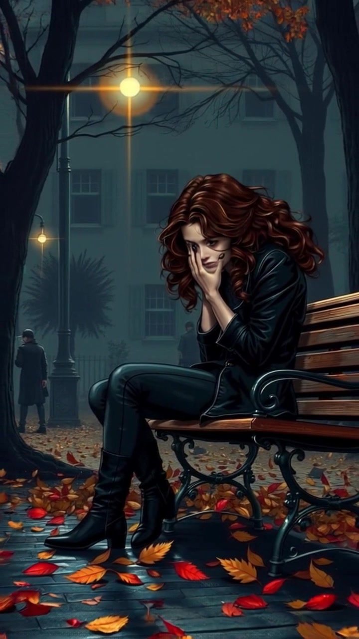 Subject: A young woman sitting on a park bench, her head bowed in devastation. Scene: She is surrounded by a carpet of colorful autumn leaves in a serene park setting. Style: Soft, diffused sunlight filters through the branches, casting gentle shadows on the ground, enhancing the melancholic atmosphere. Motion: The camera gently pulls back, revealing the beautiful, sprawling park filled with trees in their autumn splendor, as leaves flutter down softly around her.