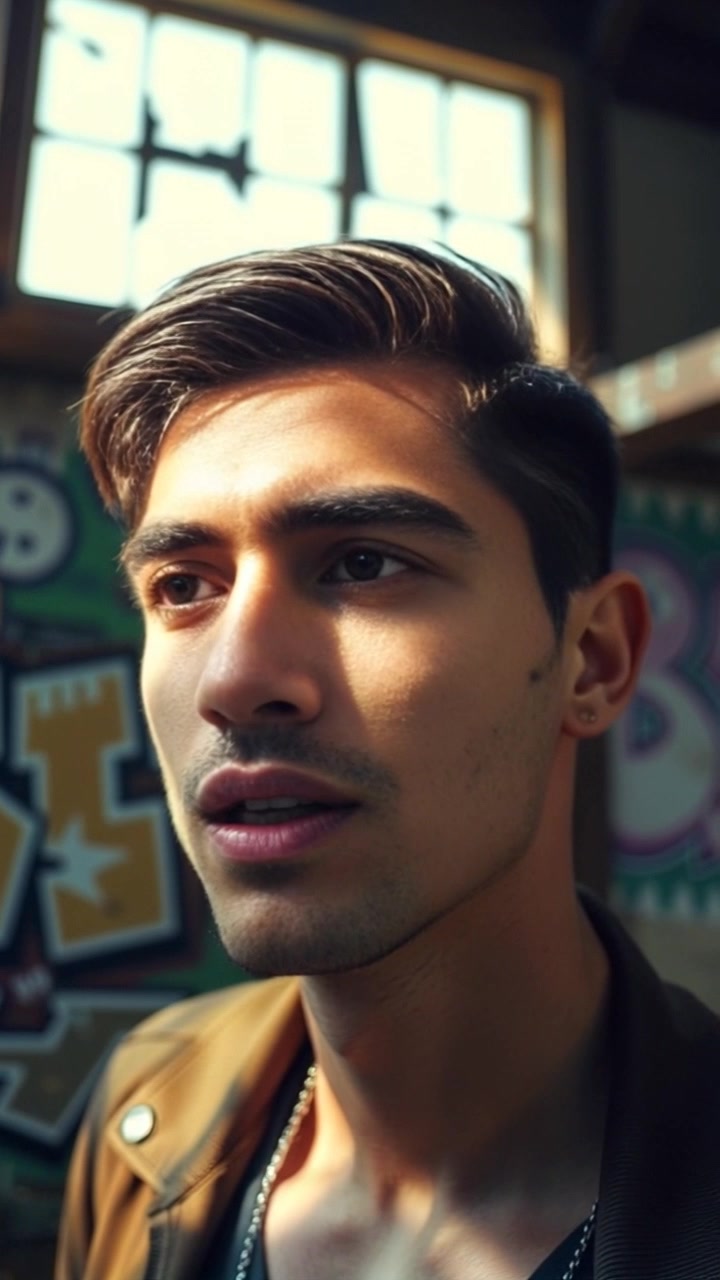 Scene: Close-up of a serious face with shadows accentuating facial features, highlighting the intensity of expression. Style: Dramatic lighting creating deep contrasts, emphasizing the mood of contemplation. Motion: Camera slowly pushes in to capture the subtle shift of emotions across the face, enhancing the tension in the scene.
