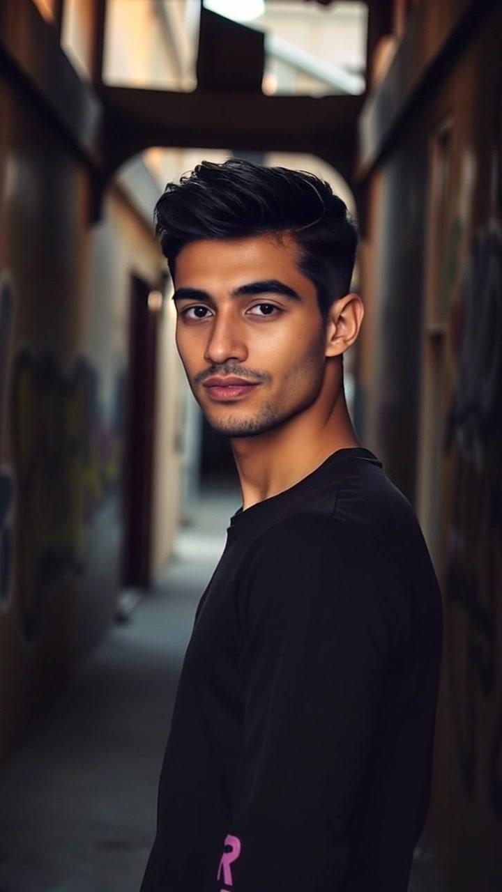 Subject: A solitary figure standing in a quiet alleyway. Subject Movement: Amir's posture suggests quiet contemplation, with subtle shifting as he absorbs the surroundings. Scene: A dimly lit alley with shadows creeping in the corners, surrounded by aged brick walls and scattered debris. Lighting: Low ambient light with hints of warm glow from nearby street lamps casting long shadows. Motion: The camera slowly pushes in with a slight tilt upwards, capturing the interplay between light and shadow, emphasizing the mood of solitude and introspection.