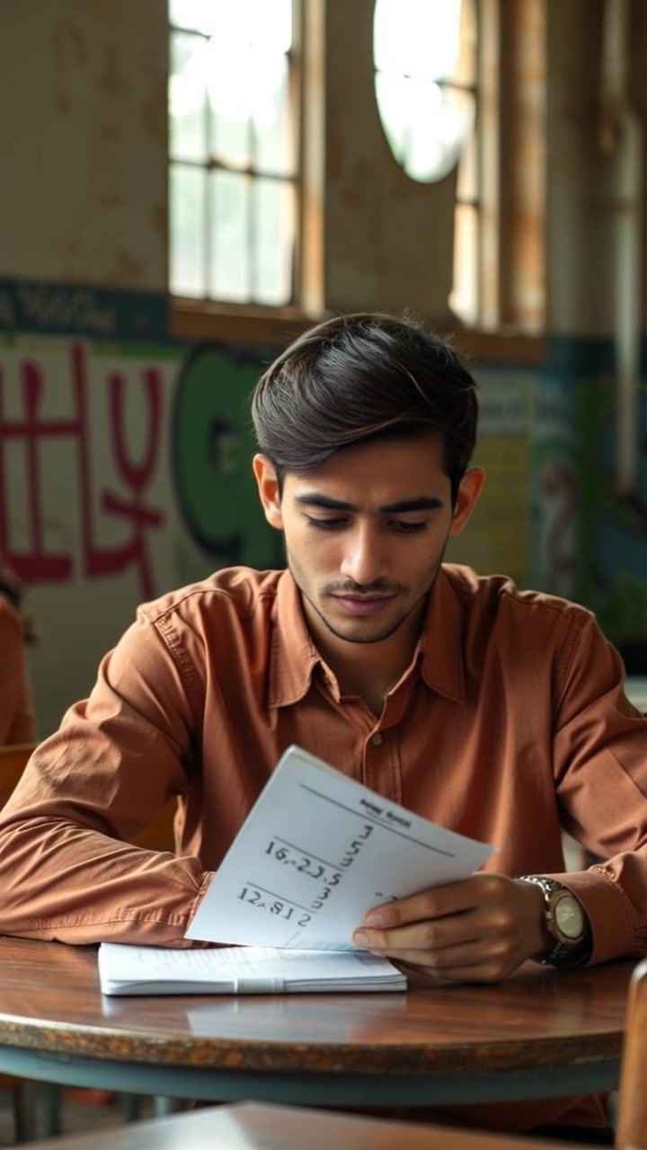 Scene: A classroom filled with anxious students immersed in their exams, papers spread out before them. Style: Soft, diffused morning light filtering through classroom windows, casting gentle shadows. Motion: Camera performs a smooth dolly-in towards Amir as he furrows his brow in concentration, creating a sense of intimacy with his struggle as the background blurs softly.