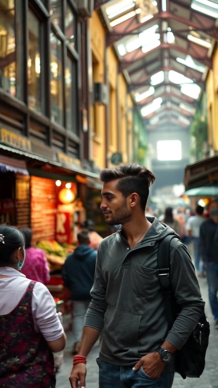 Subject: A person walking through a vibrant urban market. Subject movement: The person navigates through a crowd, weaving between colorful stalls filled with various goods. Scene: A bustling market teeming with life and energy, surrounded by stalls displaying a kaleidoscope of fruits, fabrics, and crafts. Style: Bright, natural sunlight illuminating the vibrant colors of the market. Motion: The camera follows closely behind, panning slightly to capture the lively interactions and vibrant atmosphere as the person moves through the throng.