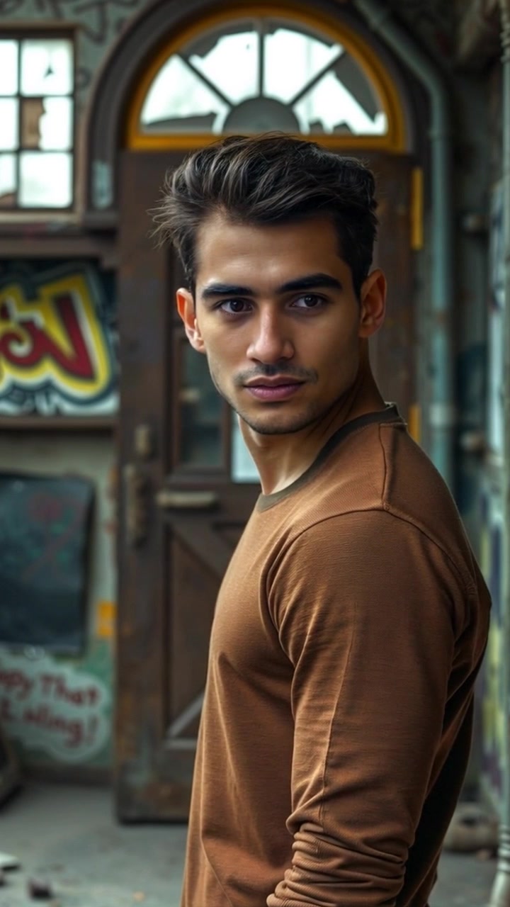 Subject: A young man standing in front of a closed door. Subject movement: He shifts his weight from one foot to another, showing hesitation and curiosity. Scene: A dimly lit hallway with textured walls, the door appearing slightly ominous. Lighting: Soft, ambient lighting creating shadows that enhance the mysterious atmosphere. Motion: Camera pushes in slowly on the subject, capturing the subtle changes in his expression as he contemplates opening the door.