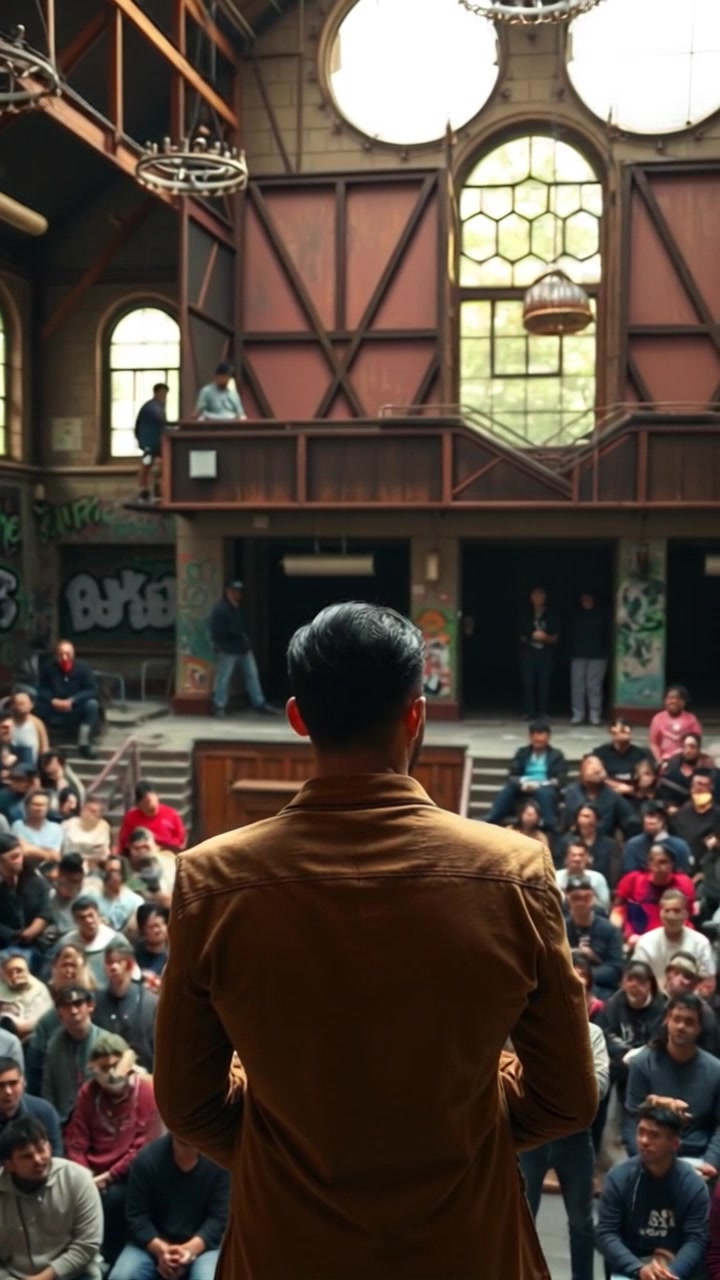 Subject: An influential Amir speaking confidently in front of a large audience, gesturing animatedly. Scene: A large auditorium filled with engaged spectators, with warm spotlight shining on the Amir. Motion: Camera begins with a close-up on the Amir's expressive face, then smoothly pans out to capture the audience's reactions, creating a dynamic connection between speaker and listeners.