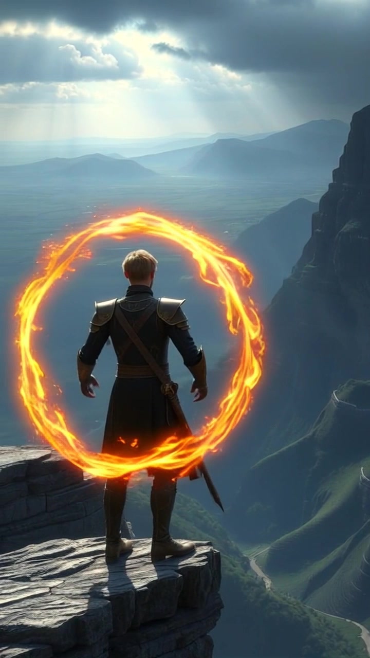 Subject: A figure standing on a cliff's edge. Subject movement: The figure raises their arms as swirling energy envelops them in a powerful, dynamic stance. Scene: A dramatic cliff overlooking a vast, expansive valley filled with rolling hills. Style: The scene is illuminated with a warm, golden sunset that reflects off the valley below, casting long shadows and highlighting the contours of the landscape. Motion: The camera begins with a close-up on the figure, then pans out to reveal the stunning vista, accentuating the contrast between the figure's stillness and the sweeping energy around them.
