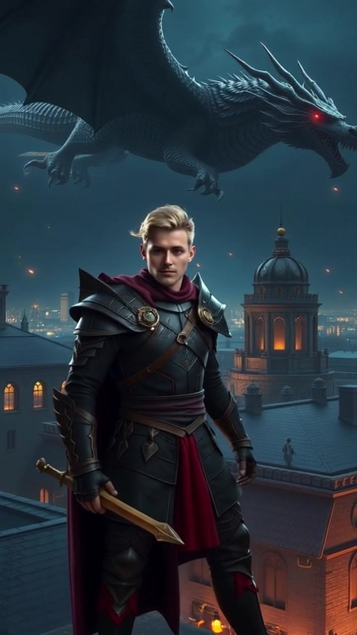 Subject: A determined figure standing on a rooftop, gazing over the city. Subject movement: The figure stands resolutely, wind gently tousling his hair. Scene: Rooftop with a panoramic view of a bustling city, accentuated by a dramatic, dark sky lit up by city lights. Style: Night setting with a sleek urban atmosphere, the glow of neon contrasting against the shadowy skyline. Motion: A slow, cinematic push in from a wide angle, transitioning from the horizon to a close-up of the figure's contemplative face, capturing the intensity of the moment.